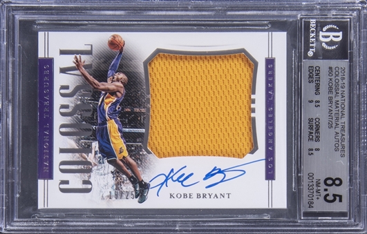 2018-19 Panini National Treasure "Colossal Materials" #50 Kobe Bryant Signed Jersey Swatch Card (#16/25) - BGS NM-MT+ 8.5/BGS 9